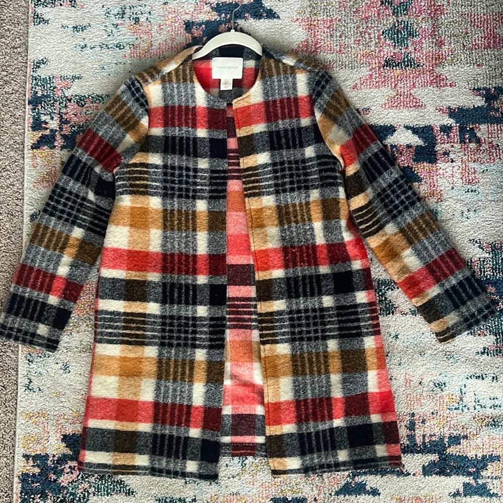 Cynthia Rowley Red Black Tan Plaid Wool Coat